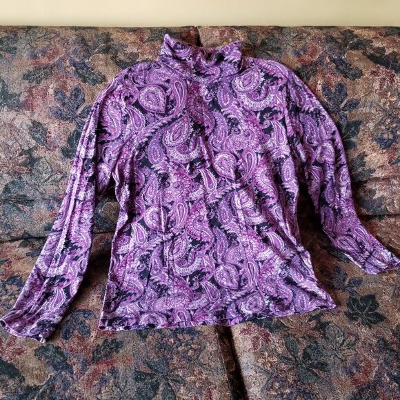 Jones New York Tops - Paisley purples/black turtle neck, cotton top, XL, vintage Jones New York